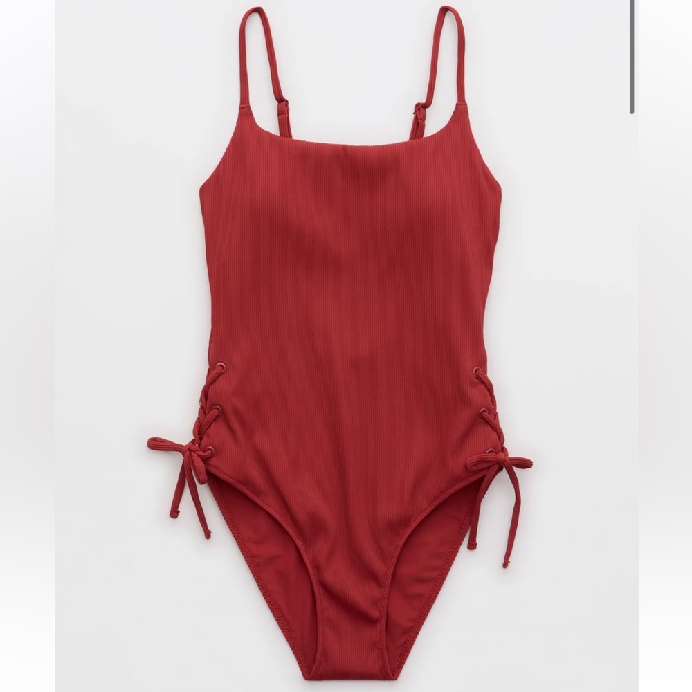 aerie Red Ribbed One-Piece Swimsuit with Side Lace-Up